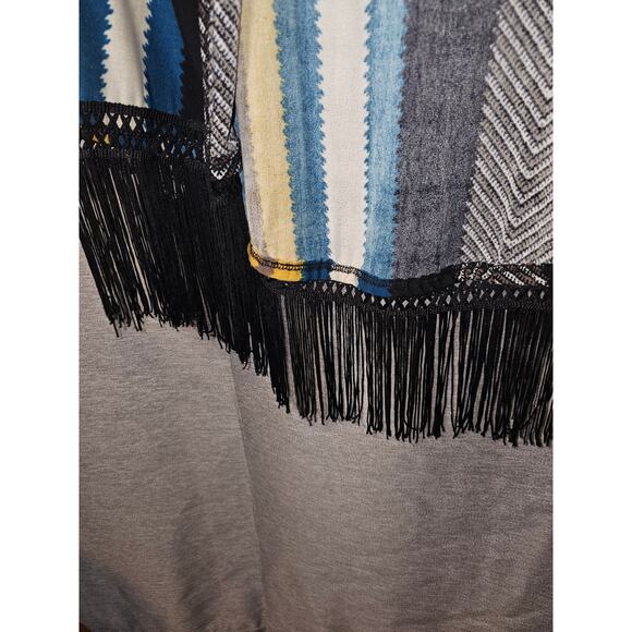 VTG "Orange Caramel" Striped Fringed Cardigan Open Poncho Yellow Blue Black - Picture 3 of 5